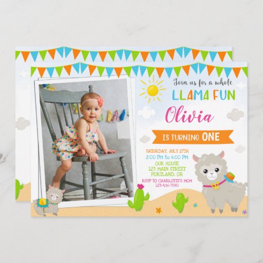 Foto: Llama verjaardaguitnodiging Alpaca uitnodigi Kaart (Voorkant / Achterkant)