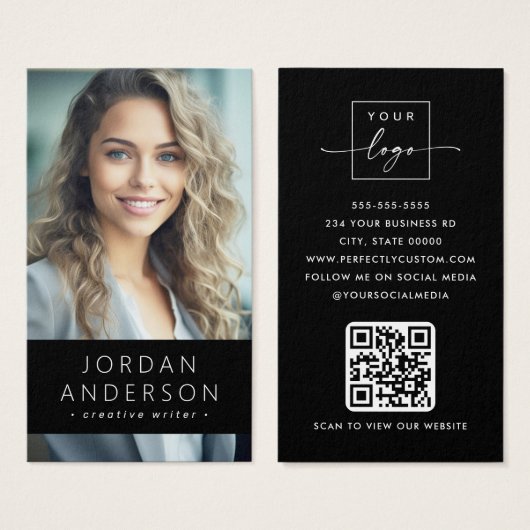 Foto logo QR code modern zwart visitekaartje (Voorkant /achterkant)