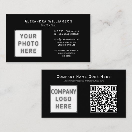 Foto Logo QR Code Sjabloon horizontaal zwart Visitekaartje (Voorkant / Achterkant)