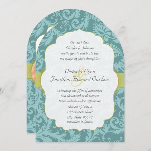 Foto Love Bird Damask Wedding Invite Kaart (Voorkant / Achterkant)