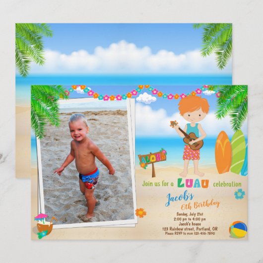Foto: Luau verjaardagsuitnodiging Zomerstrand Kaart (Voorkant / Achterkant)