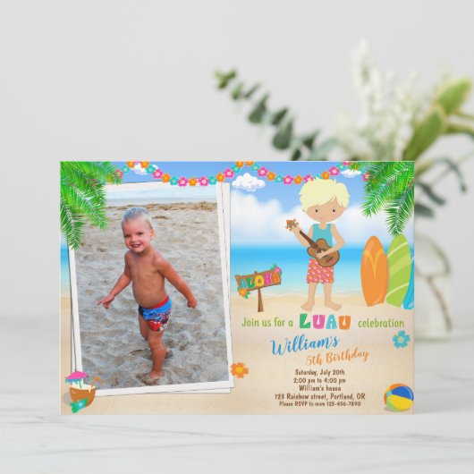 Foto Luau verjaardaguitnodiging Hawaiian uitnodigi Kaart (Staand voorkant)