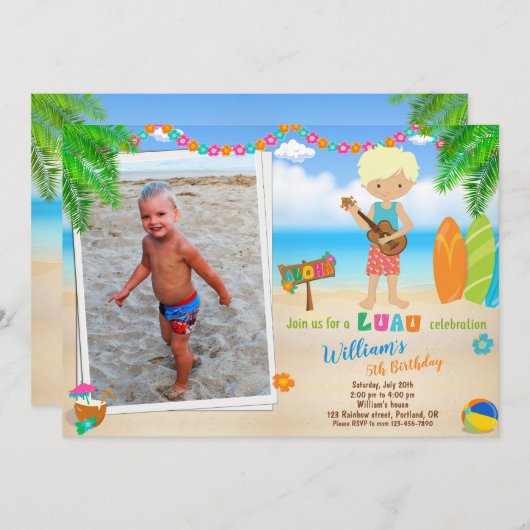 Foto Luau verjaardaguitnodiging Hawaiian uitnodigi Kaart (Voorkant / Achterkant)