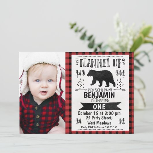Foto Lumberjack 1e verjaardag uitnodiging (Staand voorkant)