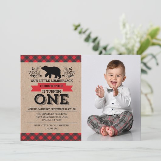 Foto Lumberjack 1e verjaardagsfeestje uitnodiging (Staand voorkant)
