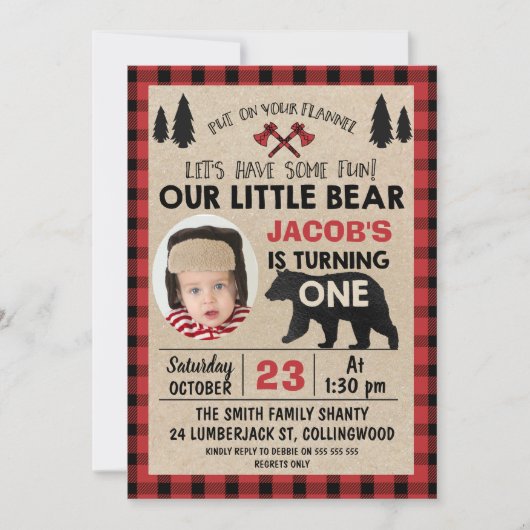 Foto: Lumberjack 1st Birthday Party Invitation Kaart (Voorkant)
