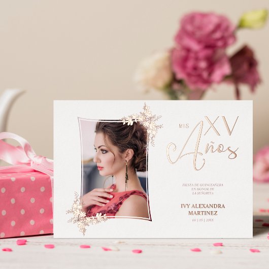 Foto Luxury Real Roos Gold Modern Botanical Lijst Folie Uitnodiging