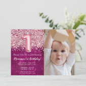 Foto Magenta Pink Glitter 1e verjaardag Kaart (Staand voorkant)