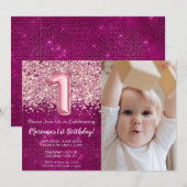 Foto Magenta Pink Glitter 1e verjaardag Kaart (Voorkant / Achterkant)