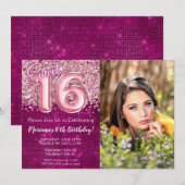 Foto Magenta Pink Sweet 16e verjaardagsfeestje Kaart (Voorkant / Achterkant)