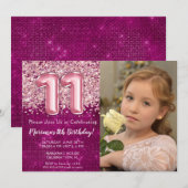 Foto Magenta Roze Glitter 11e verjaardag Kaart (Voorkant / Achterkant)