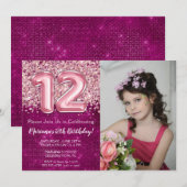 Foto Magenta Roze Glitter 12e Verjaardagsfeestje Kaart (Voorkant / Achterkant)