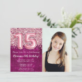 Foto Magenta Roze Glitter 15e Verjaardagsfeestje Kaart (Staand voorkant)