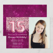 Foto Magenta Roze Glitter 15e Verjaardagsfeestje Kaart (Voorkant / Achterkant)