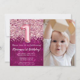 Foto Magenta Roze Glitter 1e Verjaardag Kaart