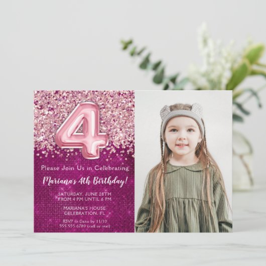 Foto Magenta Roze Glitter 4e verjaardag Kaart (Staand voorkant)