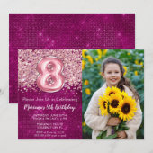 Foto Magenta Roze Glitter 8e Verjaardag Kaart (Voorkant / Achterkant)
