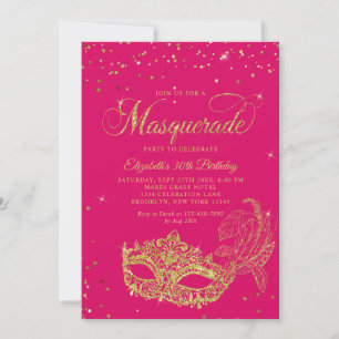 Foto Magenta Roze Gouden Maskerade Verjaardag Kaart