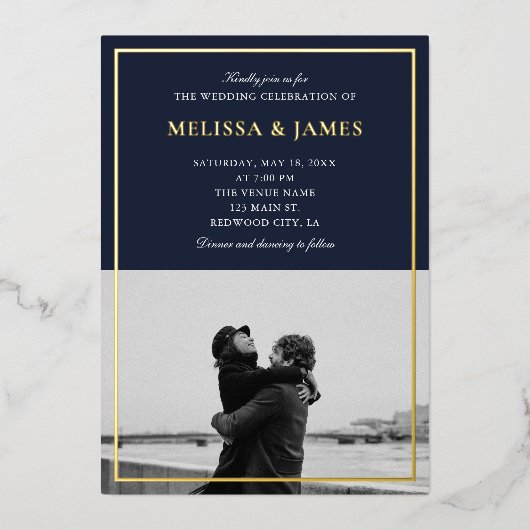 Foto Marine Blauw Elegant Huwelijk Folie Uitnodiging (Voorkant)