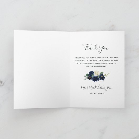 Foto Marine Blauw en Zilver Elegant Bloemen Bruilo Bedankkaart (Binnen)