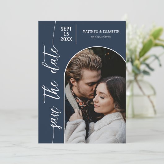 Foto marinesblauwe QR-code bruiloft Save The Date (Staand voorkant)