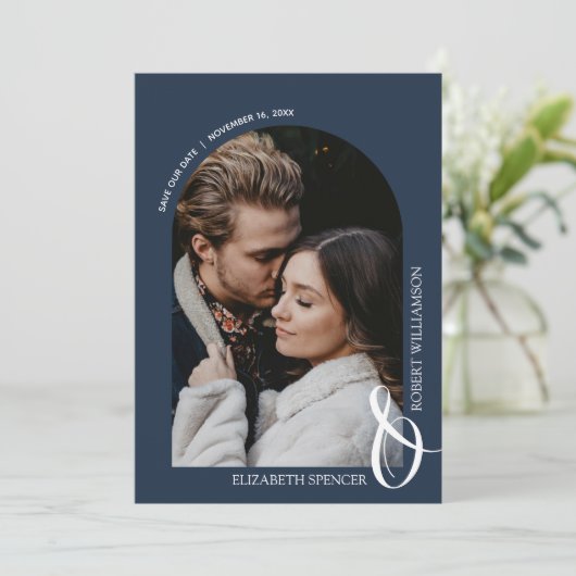 Foto marinesblauwe QR-code bruiloft Save The Date (Staand voorkant)