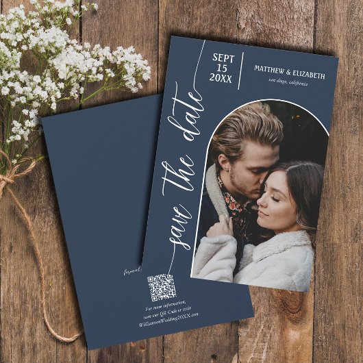 Foto marinesblauwe QR-code bruiloft Save The Date