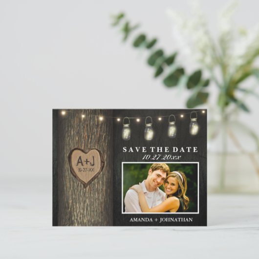 Foto Mason Jar Oak Tree Sla de datum kaarten (Staand voorkant)