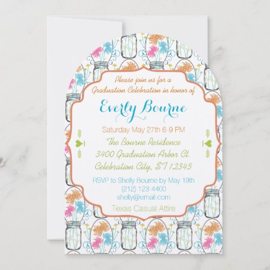 Foto Mason Jar Pink Coral Aqua Floral Afstuderen Kaart (Voorkant)