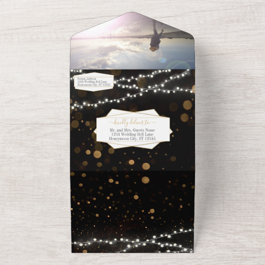 Foto Mason Jar Sunflower Black & Gold Wedding All In One Uitnodiging (Buitenkant)