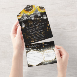 Foto Mason Jar Sunflower Black & Gold Wedding All In One Uitnodiging