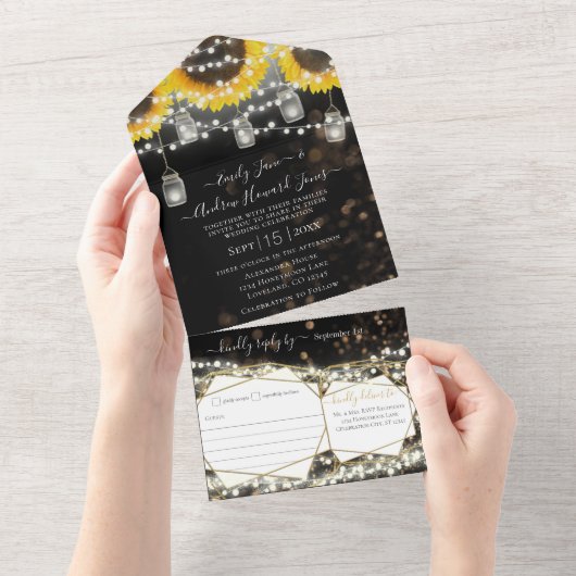Foto Mason Jar Sunflower Yellow & Gold Wedding All In One Uitnodiging (Afscheurbaar)