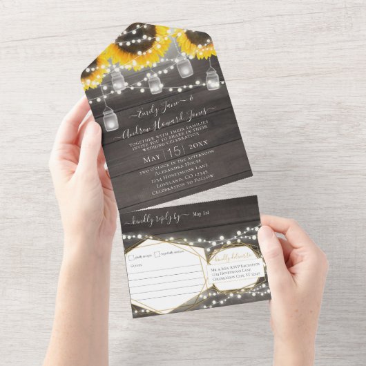 Foto Mason Jar Zonnebloem Geometrisch Goud Lijst A All In One Uitnodiging (Afscheurbaar)