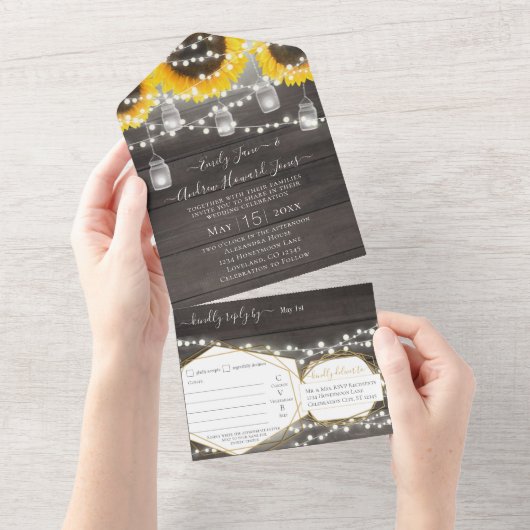 Foto Mason Jar Zonnebloem Geometrisch Goud Lijst All In One Uitnodiging (Afscheurbaar)