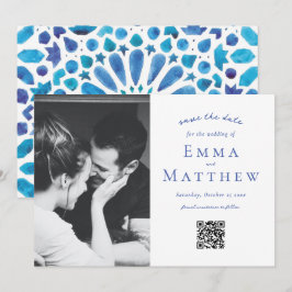 Foto Mediterraan Blauw Tegelpatroon QR Save The Date