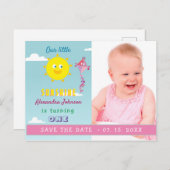 Foto Meisje 1e verjaardag Bewaar de datum Aankondigingskaart (Voorkant / Achterkant)