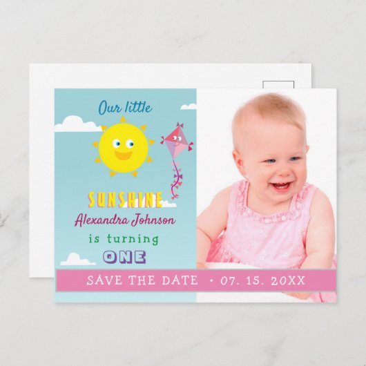 Foto Meisje 1e verjaardag Bewaar de datum Aankondigingskaart (Voorkant / Achterkant)