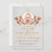 Foto Meisje Doop Roze Magnolia Eerste Verjaardag Kaart (Voorkant)