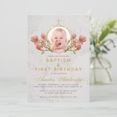 Foto Meisje Doop Roze Magnolia Eerste Verjaardag Kaart (Staand voorkant)
