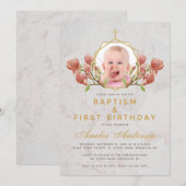 Foto Meisje Doop Roze Magnolia Eerste Verjaardag Kaart (Voorkant / Achterkant)