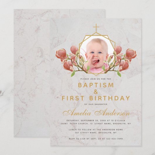 Foto Meisje Doop Roze Magnolia Eerste Verjaardag Kaart (Voorkant / Achterkant)