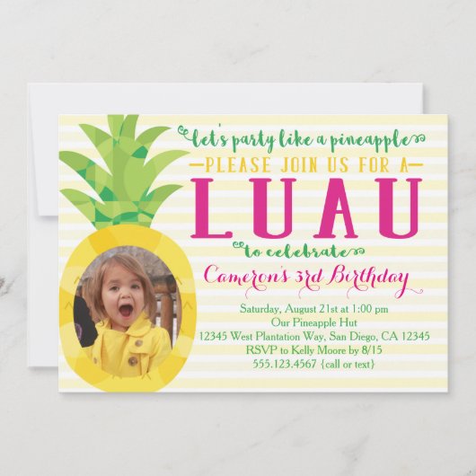 Foto Meisje Luau Ananas Verjaardag Uitnodiging (Voorkant)