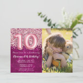 Foto Meisje Magenta Roze Glitter 10e Verjaardag Kaart (Staand voorkant)