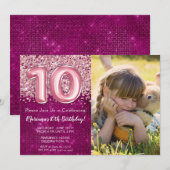 Foto Meisje Magenta Roze Glitter 10e Verjaardag Kaart (Voorkant / Achterkant)