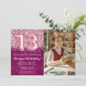 Foto Meisje Magenta Roze Glitter 13e Verjaardag Kaart (Staand voorkant)