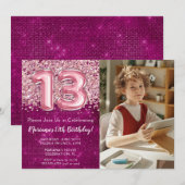 Foto Meisje Magenta Roze Glitter 13e Verjaardag Kaart (Voorkant / Achterkant)