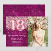 Foto Meisje Magenta Roze Glitter 18e Verjaardag Kaart (Voorkant / Achterkant)