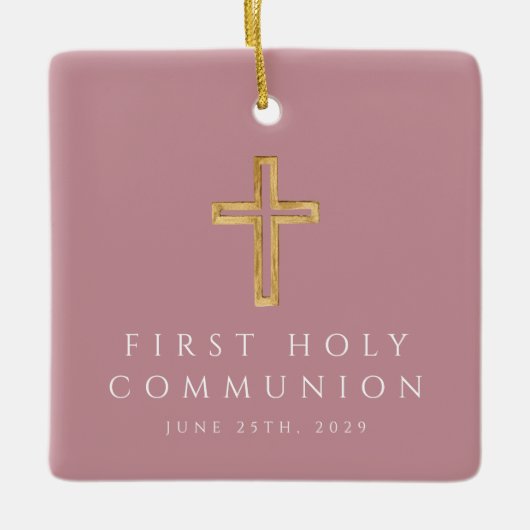 Foto Meisje Religieus Kruis Roze Eerste Communie Keramisch Ornament (Voorkant)