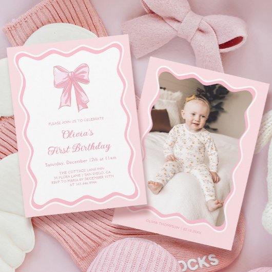 Foto Meisje Roze Coquette Boog Verjaardagsfeest Kaart