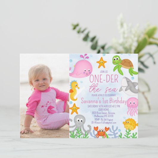 Foto Meisje's One-der Het Zee 1e Verjaardag Kaart (Staand voorkant)